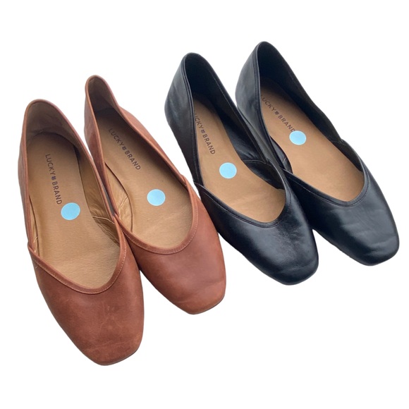 2 pair Lucky Brand Adoura leather flats womens shoes black cognac size 9 - Picture 1 of 7